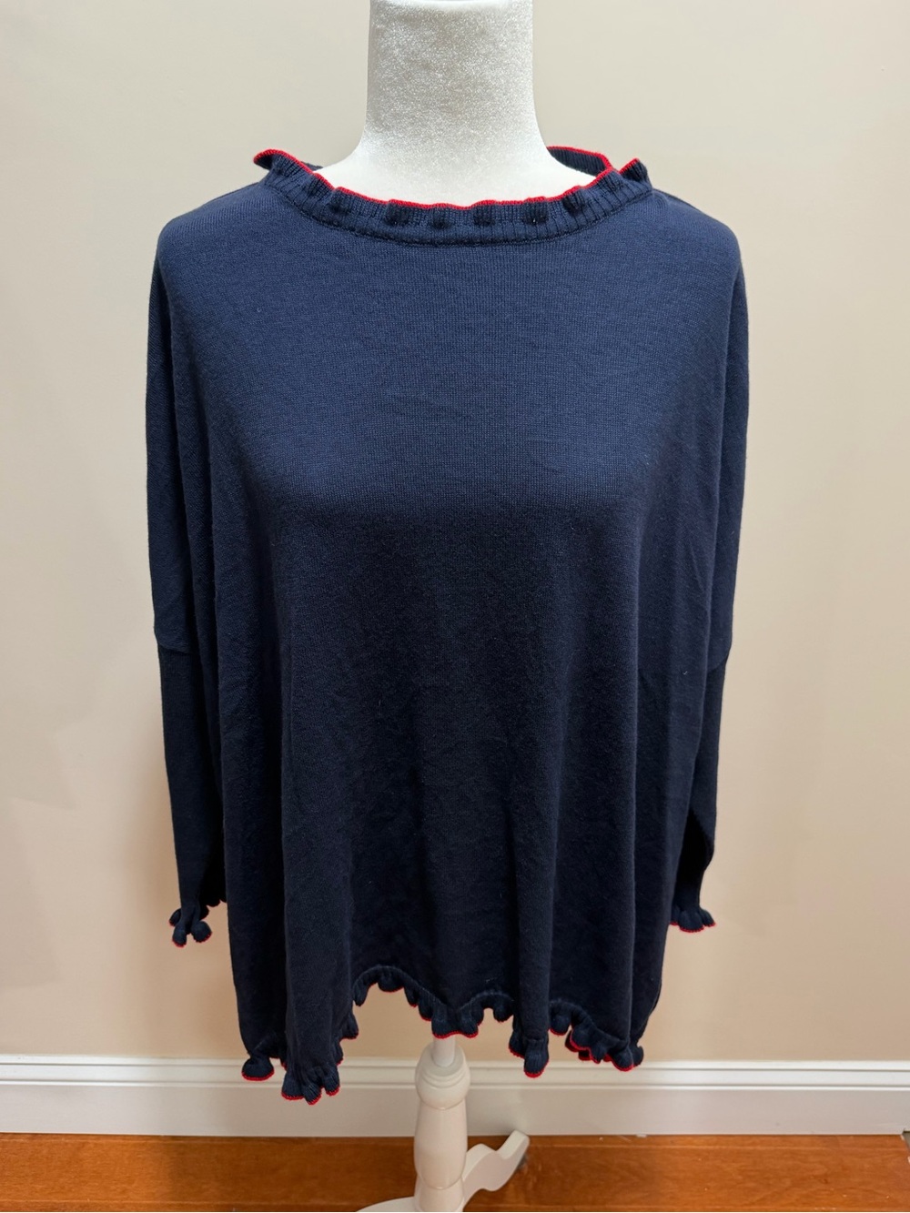 Mersea Navy w Red Cotton Blend Oversized Catalina Ruffle Sweater Top Sz. OS